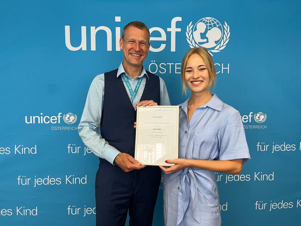 Die neue Unicef-Österreich-Ehrenbeauftragte mit dem Geschäftsführer der heimischen Sektion des UNO-Kinderhilfswerks