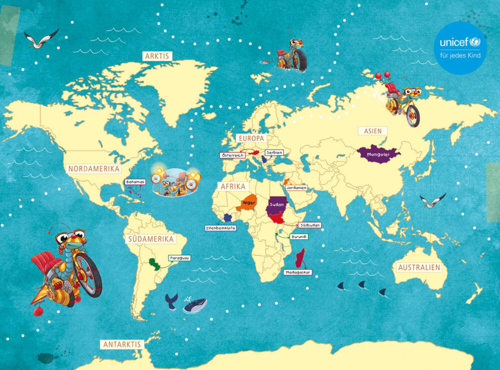 Die Weltkarte mit jenen zwölf Ländern, aus der Post von Tom Turbo kommt