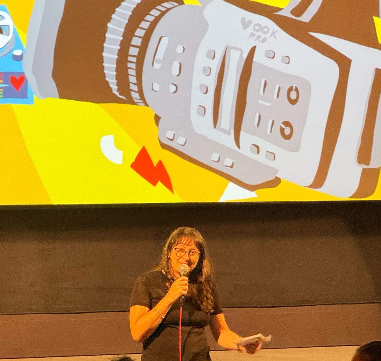 Festivalleiterin Marija Milovanović vor dem Sujet der diesjährigen video & filmtage im Cinemagic in der Wiener Urania