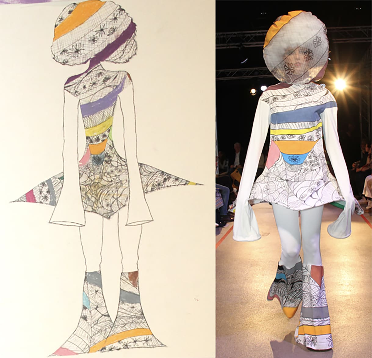 Bildmontage aus dem Entwurf sowie dem Model mit dem realisierten Design; Charlotte Nordberg konnte krankheitshalber nicht zur Show kommen