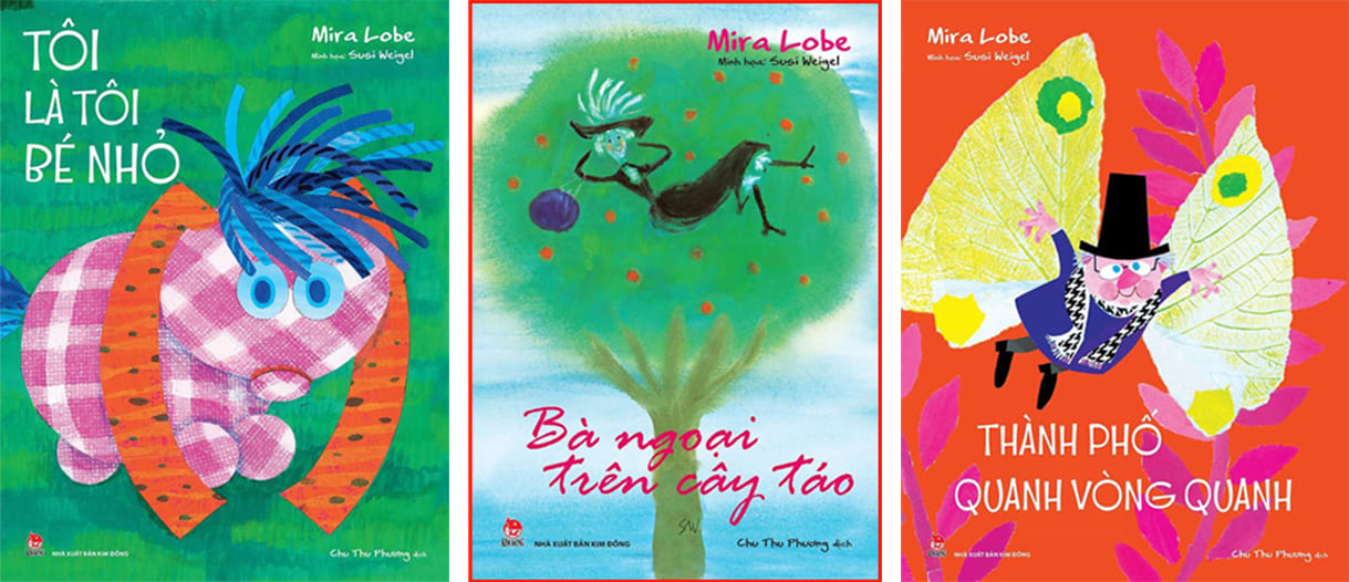 titelseiten der vietnamesischen Ausgaben von "Das kleine ich bin ich", "Die Omama im Apfelbaum" - rot umrandet, weil eben ausgzeichnet sowie "Das Städtchen Drumherum"