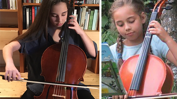 Mädchen spielt Cello - zwei Fotos: rechts das aktuelle aus 2021, links eines aus dem Jahre 2017