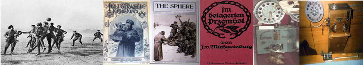 Zeitungs-Ausschnitte zum Weihnachtsfrieden 1914 und Titelseite der Broschüer übers belagerte Przemysl
