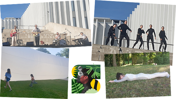 Vier Fotos - eines von einer Band, eines von Schauspieler*innen, eines von einer Schnecken-Performerin und eines von Kindern bei einem riesigen Luftobjekt und das Logo von Schäxpir 2021