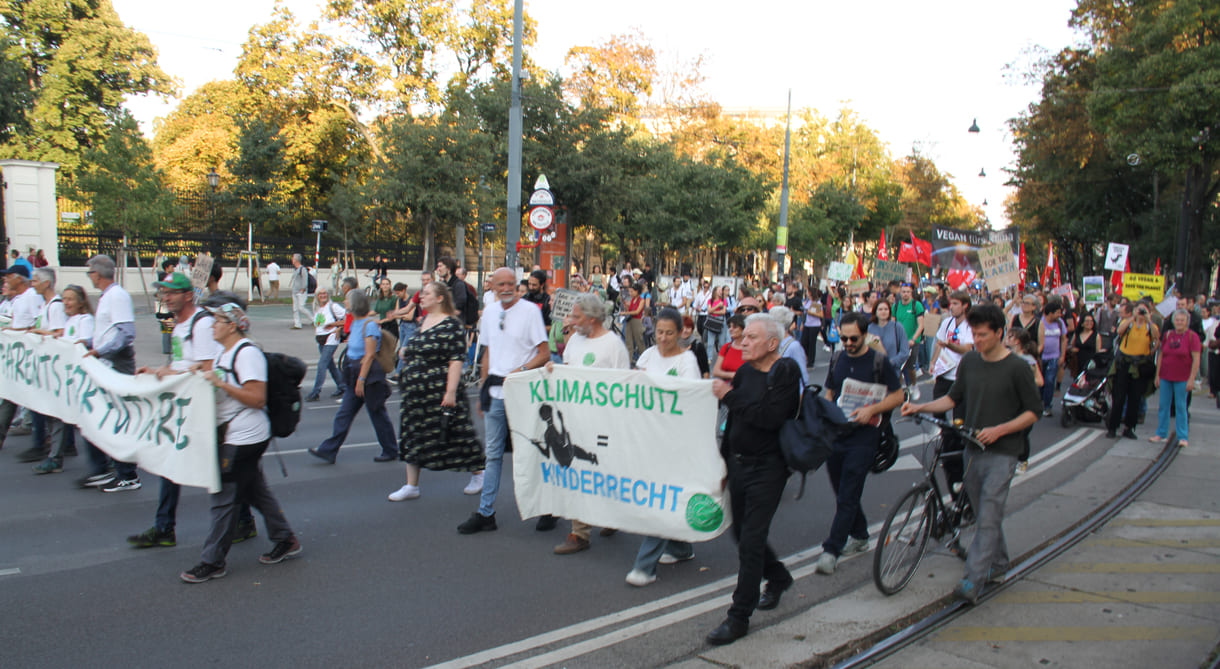 Demonstrant:innen mit Transparenten und Plakaten