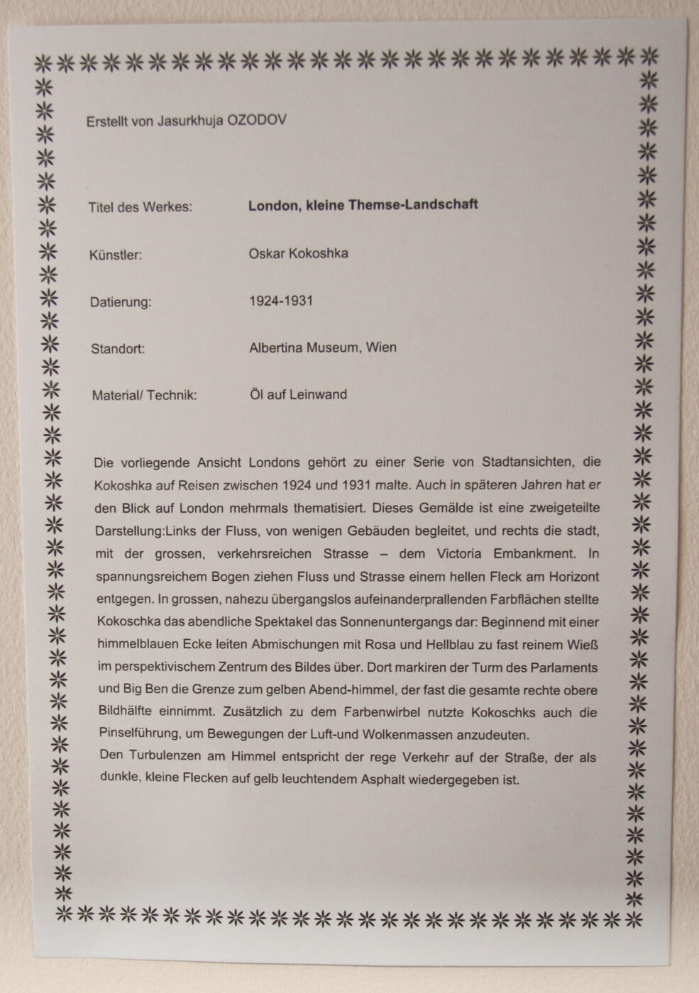 Aus der Aussstellung der Studierenden: Hier über Oskar Kokoschkas London-Gemälde
