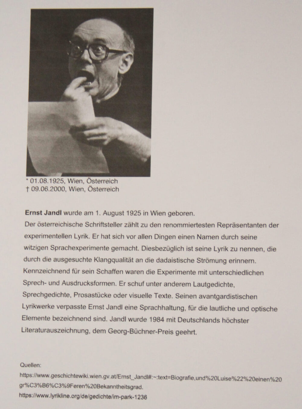 Aus der Aussstellung der Studierenden: Über den wortkünstlerischen Dichter Ernst Jandl