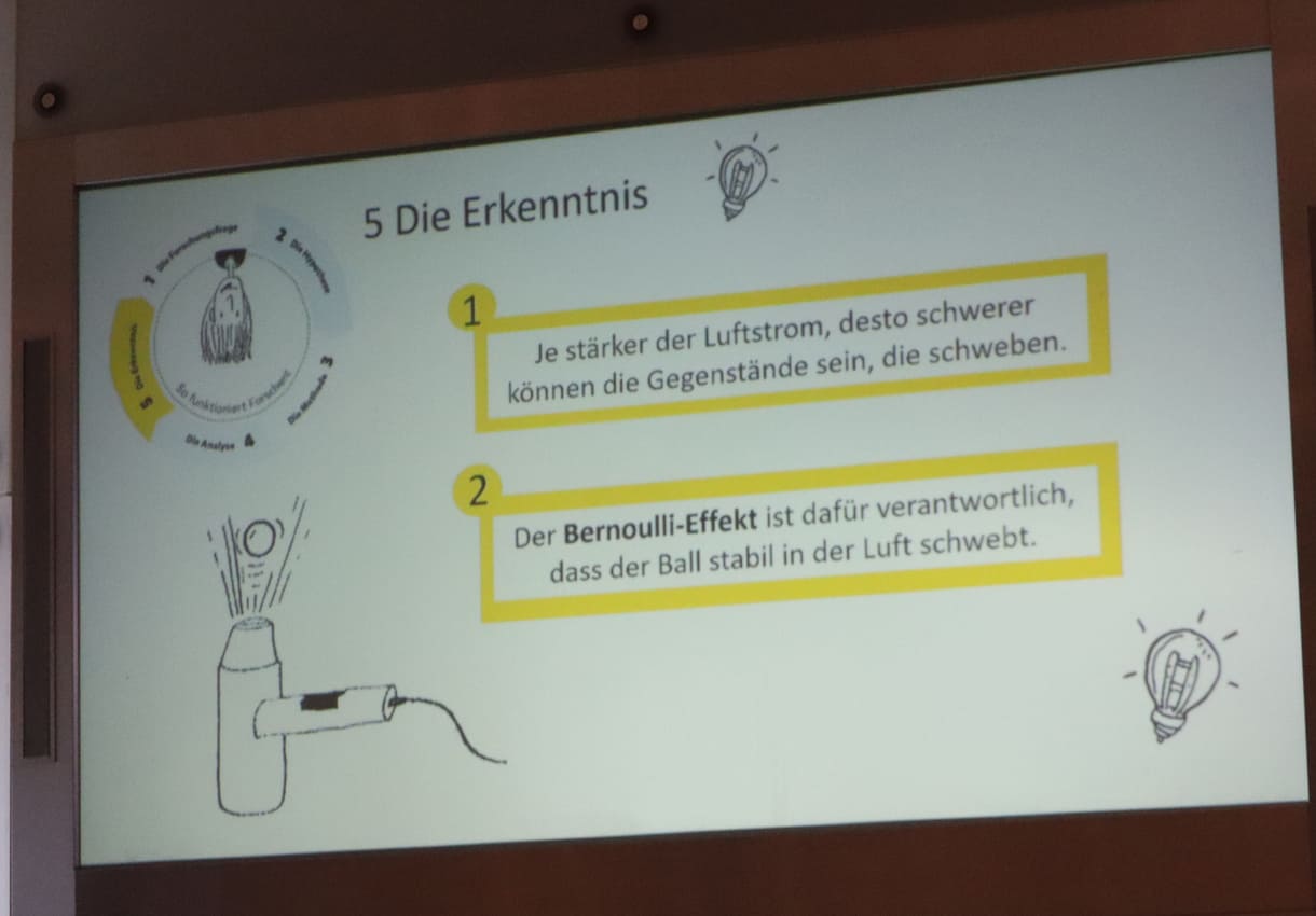 Karoline Iber von der Kinderuni Wien lässt beim Eröffnungskurs im KinderUNIversum Waidhofn an der Ybbs einen Tischtennisball schweben - mit Hilfe heißer Luft aus einem Föhn