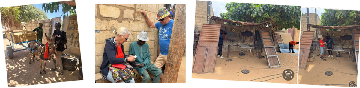 Montage von Fotos aus Senegal - Menschen mit Esel, Spendenübergabe und die Werkstatt für die Esels-Karren