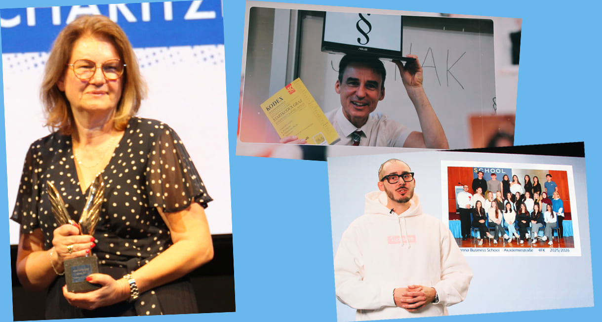 Bildmontage aus Fotos der drei Lehrer:innen, die Merekure gewannen
