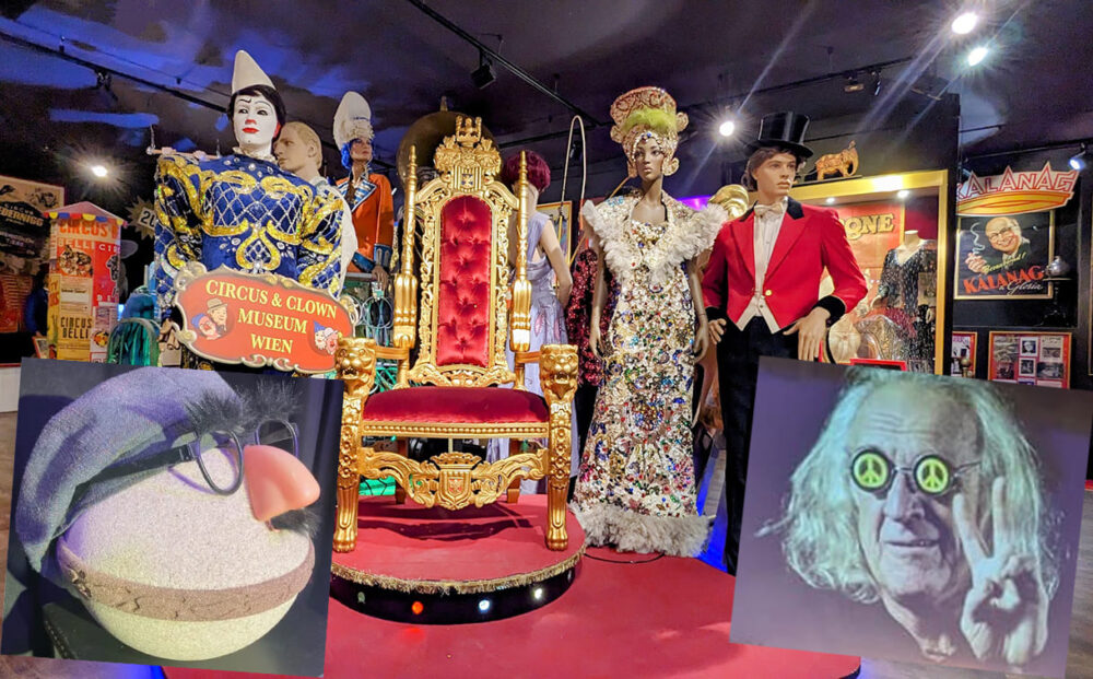 Bildmontage aus einem Foto des Circus- und Clownmuseums, einem von der Urne mit Jango Edwards Asche und einem von Jangos Gesicht mit Brille mit Friedenszeichen