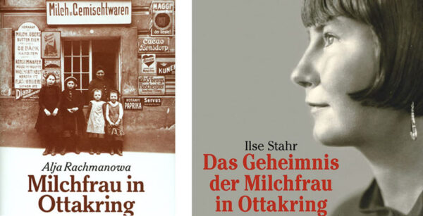 Ausschnitte aus den Titelseiten der beiden Bücher von und über Alja Rachmanowas Tagebuchroman "Milchfrau in Ottakring"