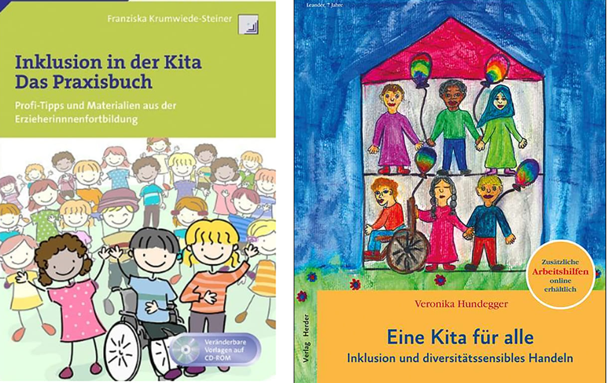 Titelseiten zweier Bücher zu Inklusion und Kindergärten (in Deutschland KiTa - Kinder-Tagesstätten)