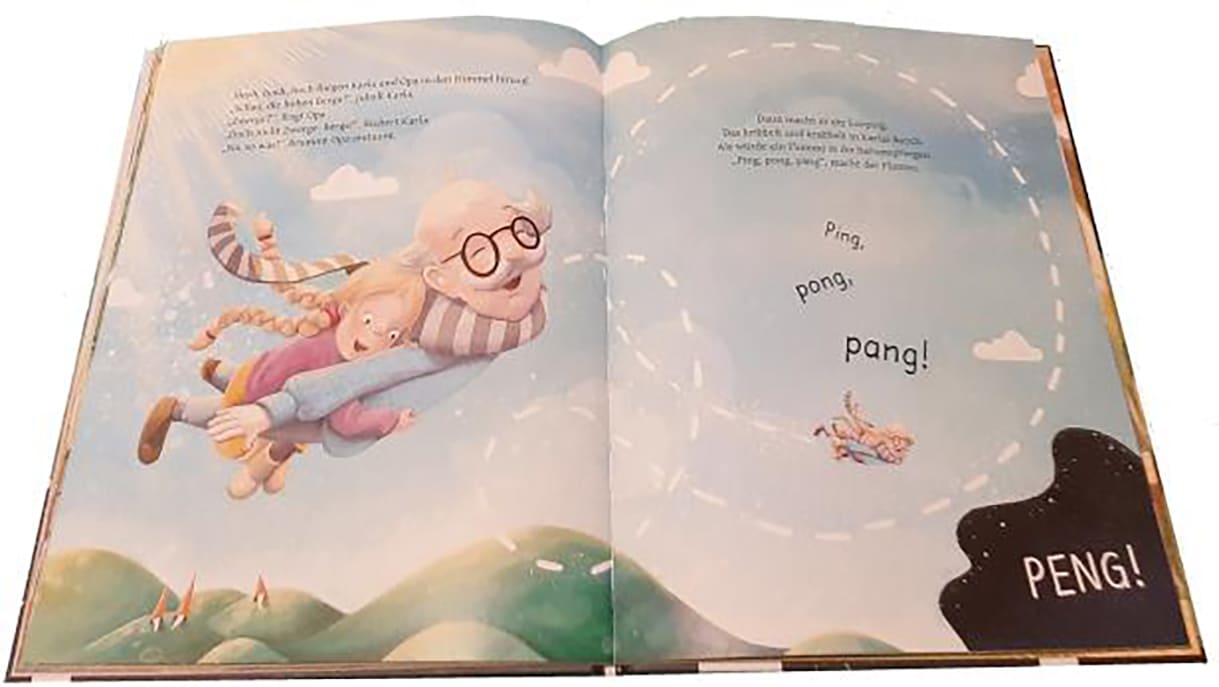 Doppelseite aus dem Bilderbuch "Opa und der fliegende Hund"