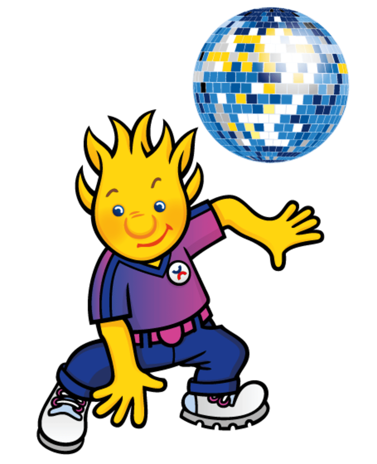 wienXtra-Maskottchen Holli als gezeichnete Figur mit einer (Welt-)Disco-Kugel