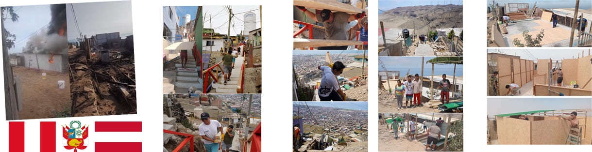 Montage aus Fotos vom Brand des Hauses in Lima sowie den Arbeiten am Bau des 