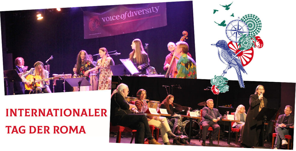 Bildmontage aus zwei Fotos - Podiumsdiskussion und Konzert sowie einer Grafik und des Schriftzuges von Voice of Diversity zum internationalen Romatag 2023