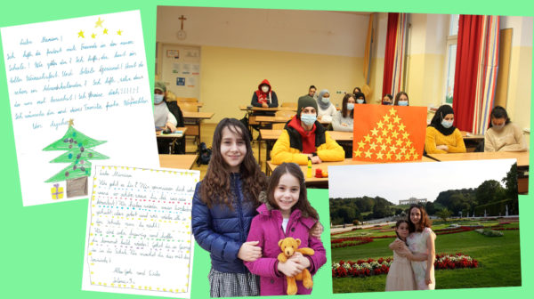 Bildmontage aus Fotos von Ana und Mariam und Briefen ihrer Mitshüler*innen