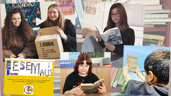 Montage aus mehreren Fotos lesender Jugendlicher vor em Hintergrund eines Bücherregals