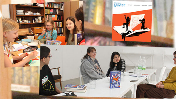 Montage aus zei Fotos der beiden Buchdiskussions-Gruppen, dem Logo der "Literaturbagage" und im Hintergrund ein Bücherregal