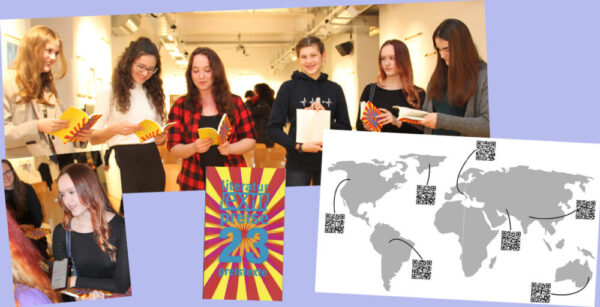 Bildmontage aus Fotos der Schülerinnen, einem Interview mit einer von ihnen, dem Cover des Preistexte-Bandes sowie der Weltkarte mit QR-Codes zu den Texten der Schülerinnen