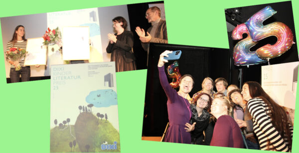 Bild-Montage aus mehreren Fotos von der Verleihung des 25. Dixi-Kinderliteraturpreises im Figurentheater Lilarum, November 2025