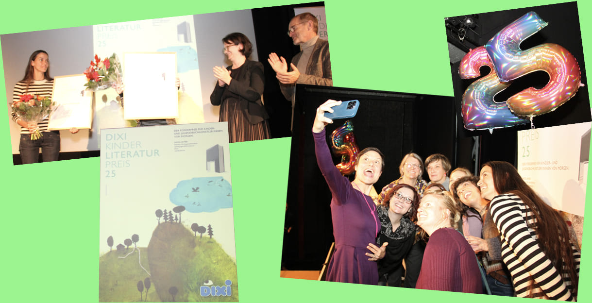 Bild-Montage aus mehreren Fotos von der Verleihung des 25. Dixi-Kinderliteraturpreises im Figurentheater Lilarum, November 2025
