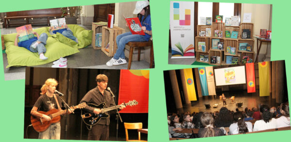 Bildmontage aus vier Fotos: Lesende Kinder, Bücher, Musikauftritt von Zita und ihrem Vater Matthäus und dessen Lesung aus dem noch gedrucktem 3. Wasserschweinband