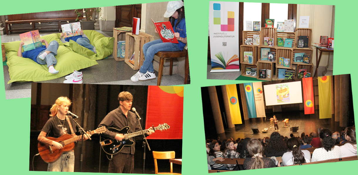 Bildmontage aus vier Fotos: Lesende Kinder, Bücher, Musikauftritt von Zita und ihrem Vater Matthäus und dessen Lesung aus dem noch gedrucktem 3. Wasserschweinband