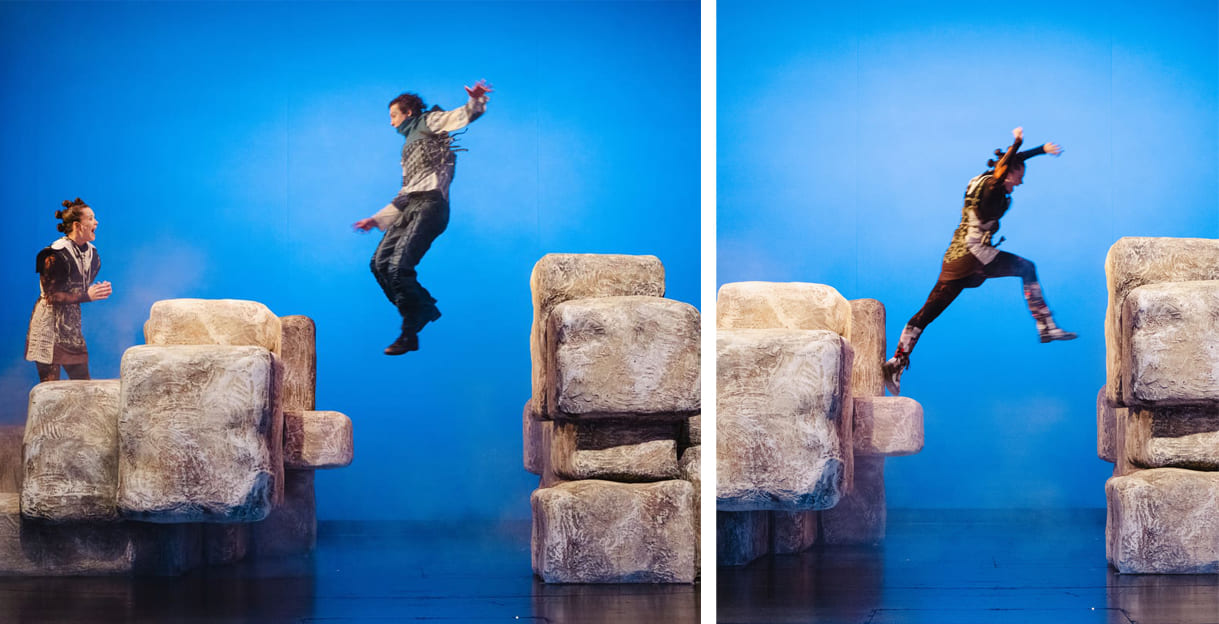 Montage aus zwei Szenenfotos aus "Ronja Räubertochter" im NÖ-Landestheater in St. Pölten