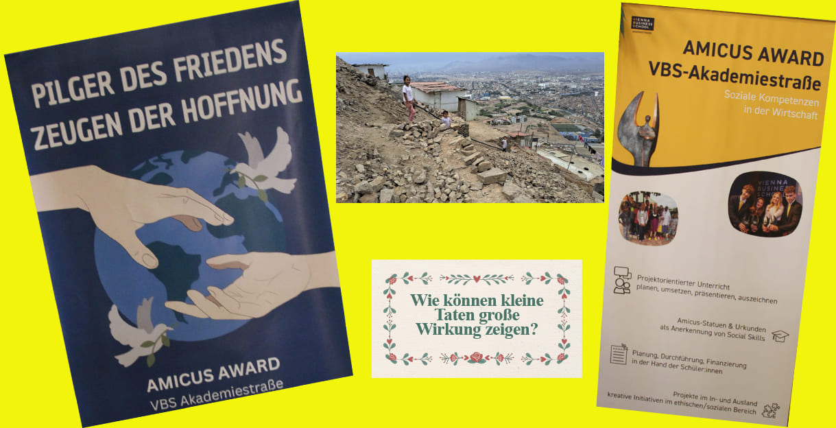 Bildmontage mit Fotos des Amicus-Award-Plakats, einem Roll-Up zu diesem Preis sowie aus den Projekt(präsentation)en "Haus der Hoffnung im Slum" sowie "Mit Liebe serviert"