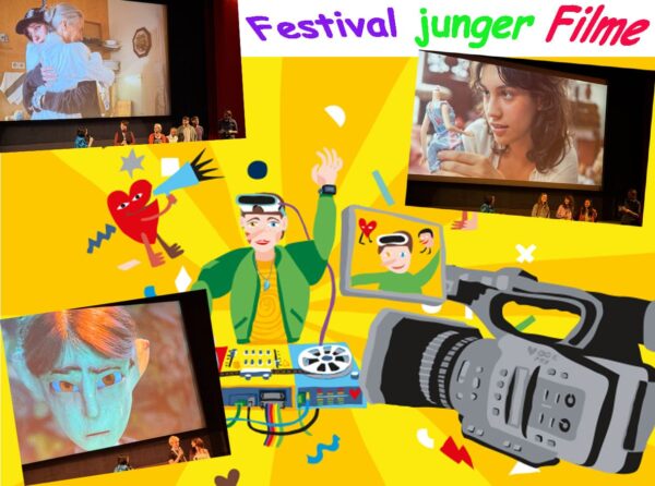 Bild-Montage aus der Sujetgrafik der video & filmtage 2026 sowie Fotos der Filmgespräche mit Macher:innen der ersten drei Filme