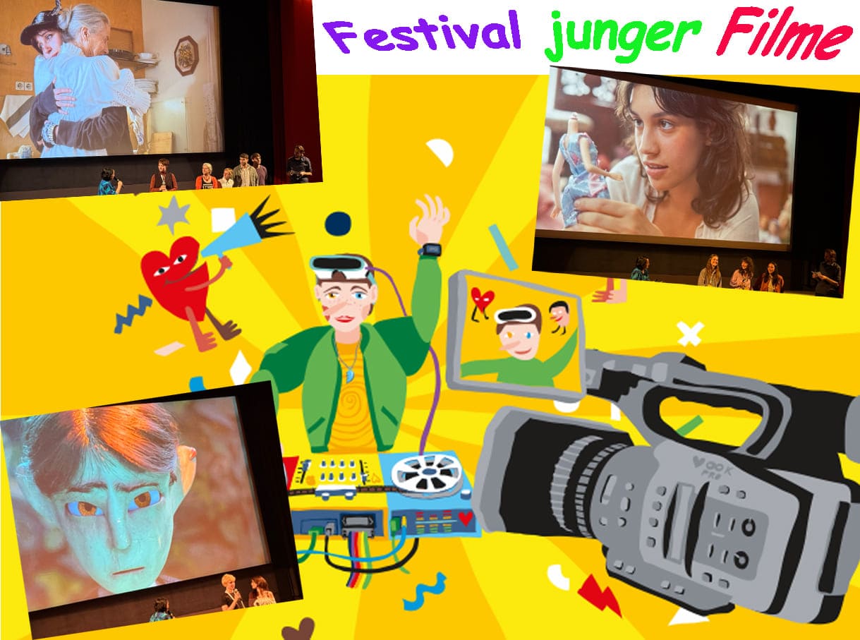 Bild-Montage aus der Sujetgrafik der video & filmtage 2026 sowie Fotos der Filmgespräche mit Macher:innen der ersten drei Filme