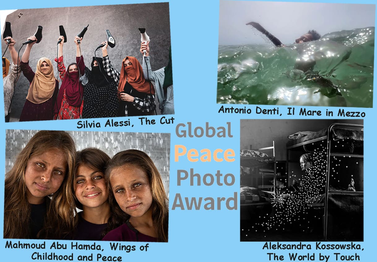 Bild-Montage aus den vier Gewinner:innen-Fotos des Global Peace Photo Awards 2026 bei den Erwachsenen