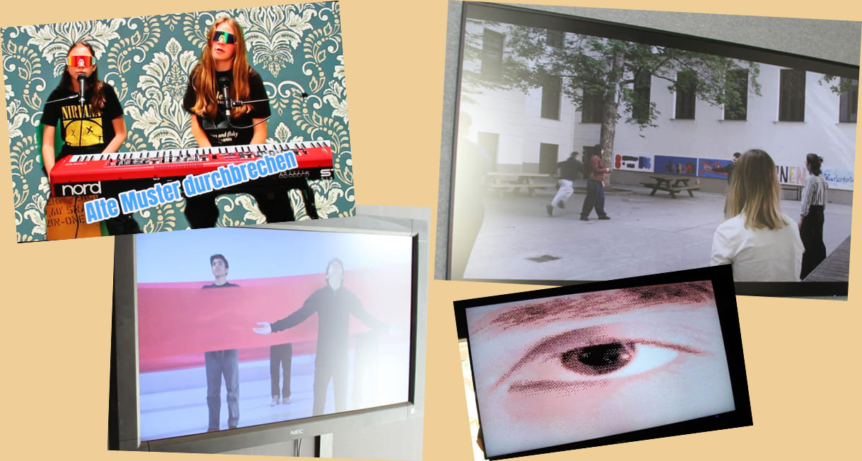 Bild-Montage aus vier Fotos von Monitoren mit Screenshots aus den Filmen "Heck Meck - Hass weg" (links oben), "SIE" (rechts oben), "Zusammen zurück ins Leben" (links unten) und "Gaussian Trip" (rechts unten)