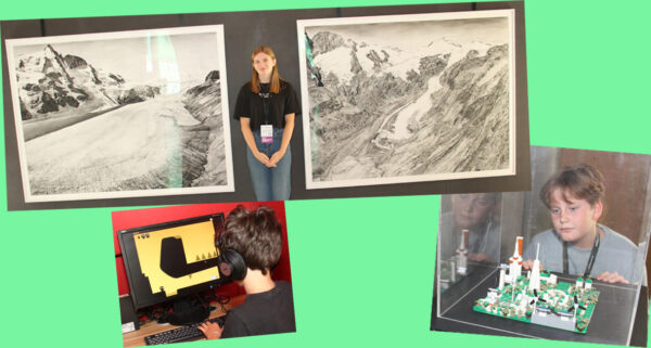 Bild-Montage aus drei Fotos: Young-Professionals-Ausgezeichnete Romina Adler mti ihren beachtlichen Gletscher-Kohlezeichnungen, Computerspiel von Suren Leo Paydar zum Plastikflaschensammeln und der Modellbauer eienr grünen Zukunfststadt, Noah Finn Wichelhaus