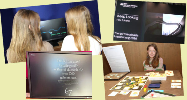 Bildmontage aus vier Fotos der in diesem Beitrag vorgestellten Projekte, in denen es um Spiele geht: "My Mistake" (links oben), "Keep Looking" (rechts oben", "0,003s" (links unten) sowie das Brettspiel "Halbgötter" (rechts unten)