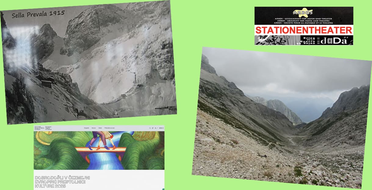 Bildmontage aus Fotos des Passes Sella Prevala 1915 und 2025, des Logos von Arbos sowie eines Screenshots der Homepage der europäischen Kulturhauptstdt 2025 Nova Gorica / Gorizia