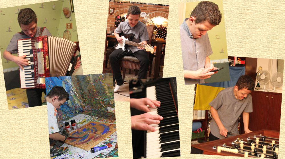 Bildmontage aus Fotos auf denen der Jugendliche malt und musiziert