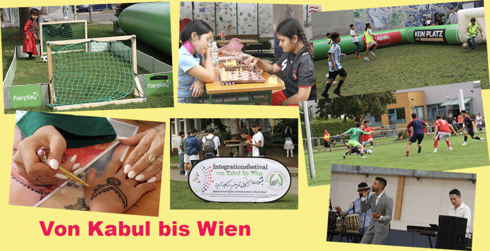 Bildmontage aus mehreren Fotos - von Fußballspielen, henna-Tattoo-Malen, Schachspielen und einem der Konzerte beim afghanischen Sport- und Kulturfest im Sportgelände Hopsagasse (Wien-Brigittenau)