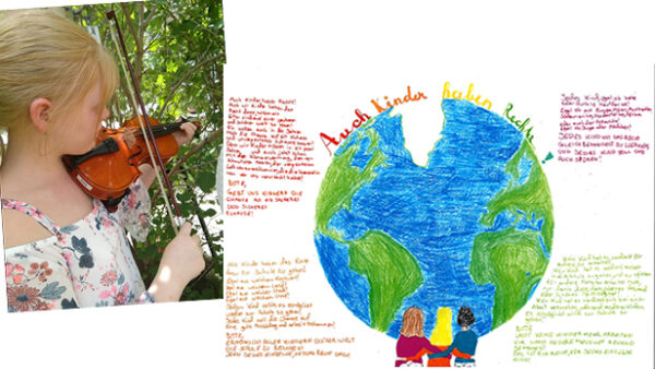 Amelie mit Geige - und ihrer preisgekrönten Einsendung