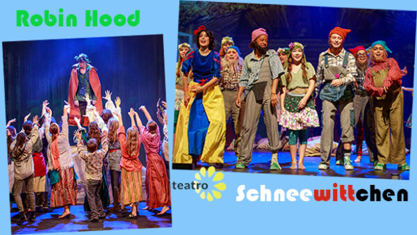 Montage aus zwei Szenenfotos aus den beiden teatro-Musicals "Robin Hood" und "Schneewittchen" mit den Titeln als Schrift und dem Logo von teatro