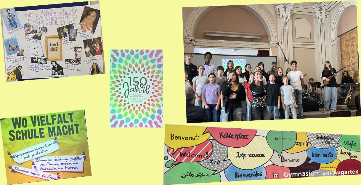 Bildmontage aus einem Foto einer Ausstellung über besonders erfolgreiche Absolvent:innen, einem Foto des musikalischen Auftritts bei der Jubiläumsfeier, dem plakat zu 150 Jahre Brigittenauer Gymnasium, einer Montage zu Vielfalt der Schule und Willkommensgrüße in mehreren Sprachen