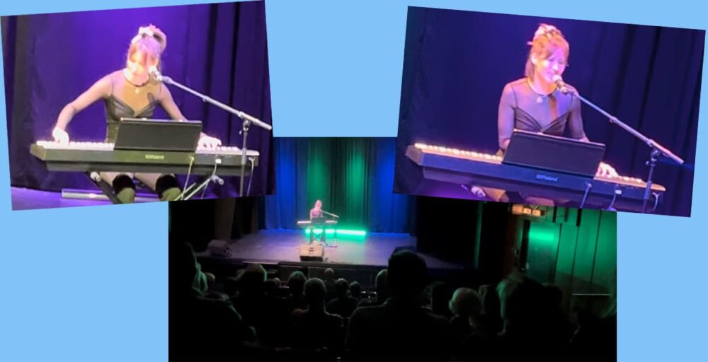 Bildmontage aus drei Fotos mit Cili Marsall an ihrem e-Piano voll in Aktion