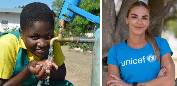 Bildmontage aus Kind, das in Malawi (Afrika) aus einem Trinkbrunen Wasser trinkt und der Leichtathletin Ivona Dadic in einem UNICEF-T-Shirt
