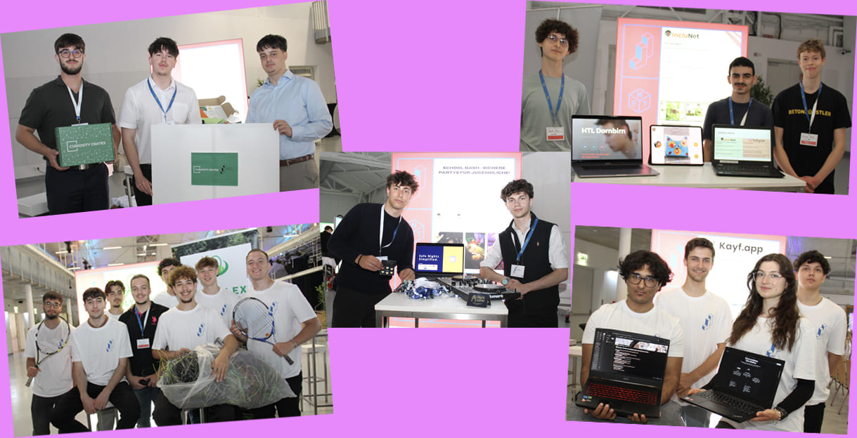 Bildmontage aus den Fotos der fünf Final-TEams in der Kategorie Entrepreneuership: Curiosity Crates, IncluNet, Polyflex, SchoolBash und Kayf.app