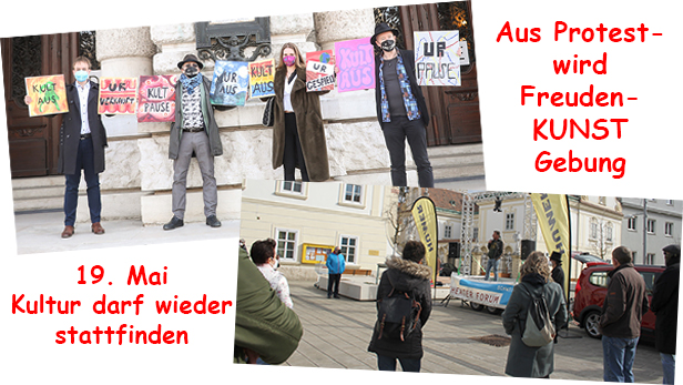 2 Fotos, auf einem 4 Menschen mit Protestafeln gegen die Sperre von Kultur; auf dem anderen Publikum auf der Straße vor einer kleinen Bühne
