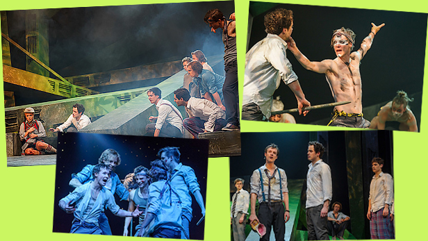 Bildmontage aus vier Szenenfotos von "Herr der Fliegen" im Theater der Jugend in der Saison 2012/13