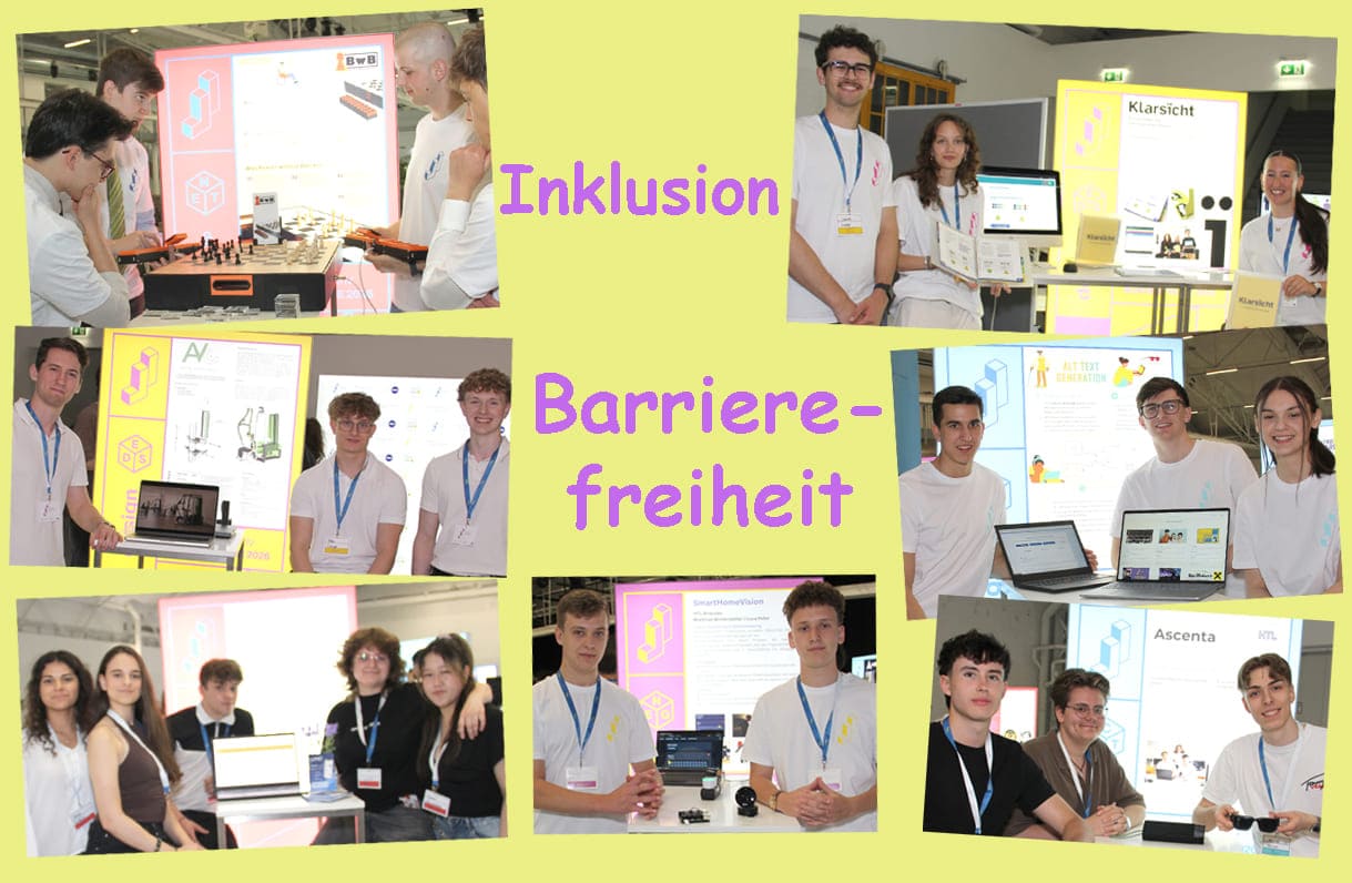 Bild-Montage aus sieben Fotos von Projekten verschiedener Katgorien, die rund um Inklusion und Barrierefreiheit kreisen: Boards without Barriers, digitales und analoges Handbuch zu barrierefreier Gestaltung, inklusives Sportgerät, autmatosche Überprüfung und Generierung von alternativen Bildtexten fürs Web, spielerische Lernunterstützung für Legastheniker:innen, SmartHomeVision, damit Gehörlose Geräte per Gesten steuern können sowie eine Brille mit Kamera für Blinde, die Hindernisse sieht, erkennt und per Sprach-Ausgabe ansagt
