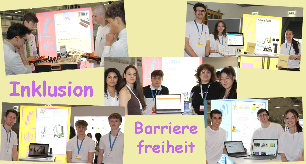 Bildmontage aus fünf Fotos von Schüler:innen, die ihre Projekte im Jugend-Innovativ-Finale präsentierten: Inklusives Schachspiel, Handbuch für barrierefreies Gestalten von Informationen, spielerische lern-App für Legastehniker:innen, inklives Sportgerät und einen automatischen Bildtext-Generator für aussagekräftige Bildbeschreibungen